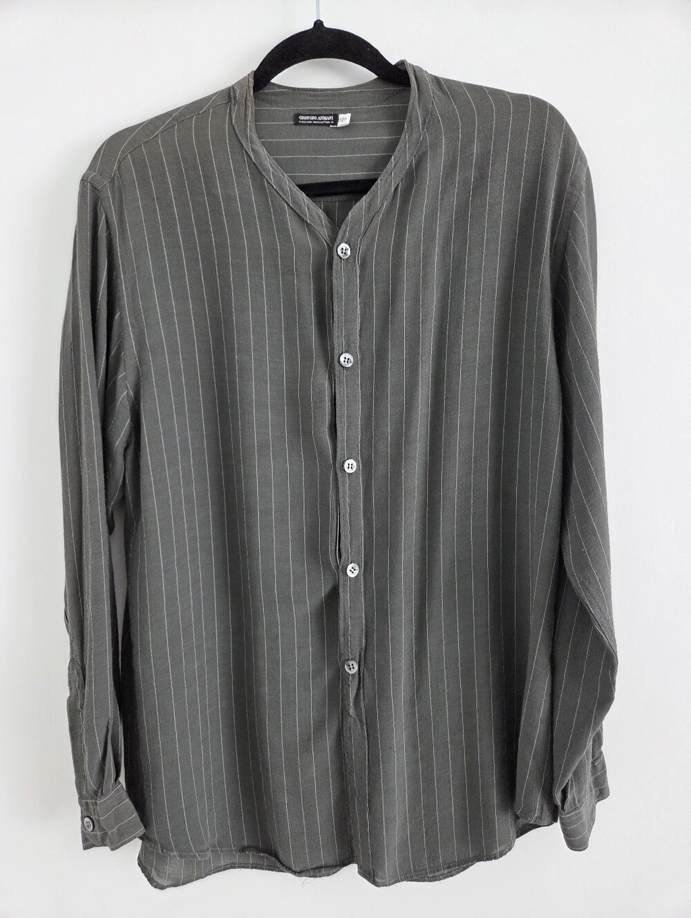Giorgio Armani Womens Button Down Blouse -pinstripes- Dark Camo Green- Size 38